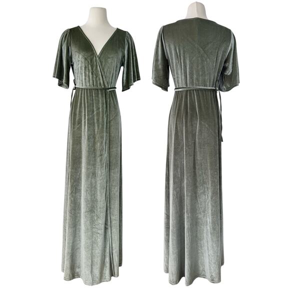 Baltic Born Dresses & Skirts - Baltic Born Meghan Velvet Wrap Maxi Dress Sage Green Short Bell Sleeves L NWT